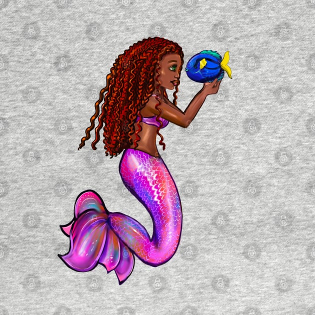 African American mermaid with flowing red locs and blue tang fish, Afro hair and caramel brown skin. Black mermaids by Artonmytee